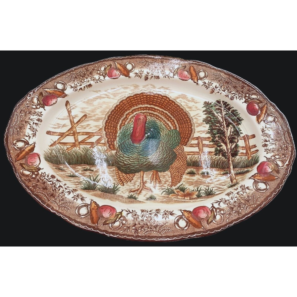 1961 Turkey Platter Lovely Brown Transferware Pottery Franklin S&L Vtg MCM 20x15